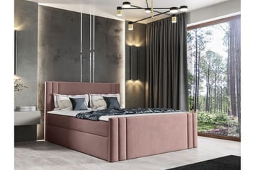 Betvallen Sengepakke 160x200 cm i Fløjl med Opbevaring + Sengegavl + Topmadras - Lyserød - Møbler - Senge - Sengeramme & sengestel