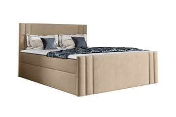 Betvallen Sengepakke 160x200 cm i Stof med Opbevaring + Sengegavl + Topmadras - Beige - Møbler - Senge - Sengeramme & sengestel