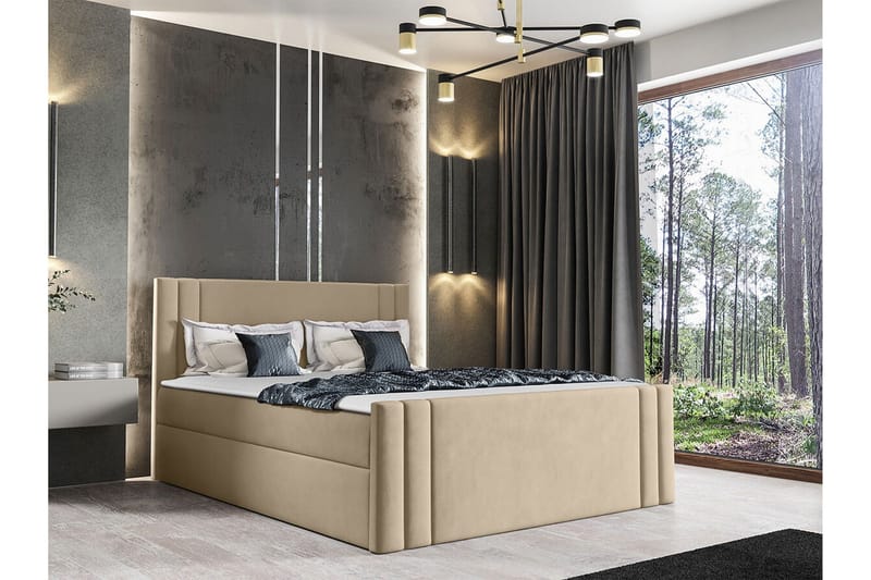 Betvallen Sengepakke 160x200 cm i Stof med Opbevaring + Sengegavl + Topmadras - Beige - Møbler - Senge - Sengeramme & sengestel