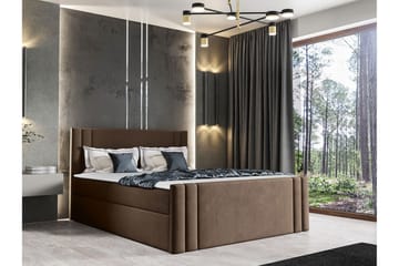 Betvallen Sengepakke 160x200 cm i Stof med Opbevaring + Sengegavl + Topmadras - Brun - Møbler - Senge - Sengeramme & sengestel