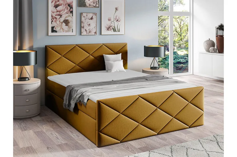 Boisdale Sengeramme med Opbevaring 140x200 cm i Stof med Fasthedsgrad Medium - Gul - Møbler - Senge - Sengeramme & sengestel