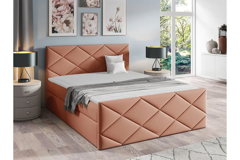 Boisdale Sengeramme med Opbevaring 140x200 cm i Stof med Fasthedsgrad Medium - Rosa - Møbler - Senge - Sengeramme & sengestel