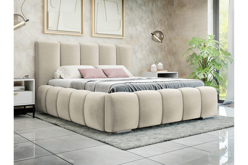 Cleaton Sengepakke 140x200 cm med Opbevaring og Sengegavl + Topmadras - Beige - Møbler - Senge - Sengeramme & sengestel