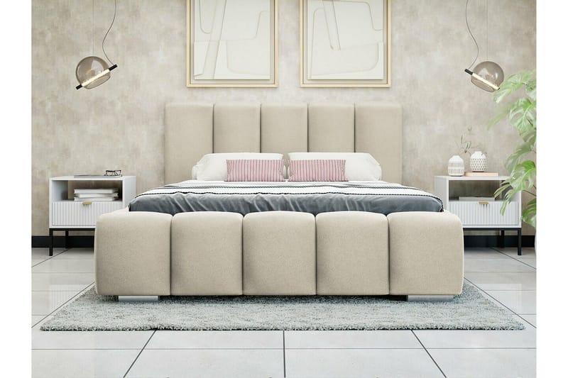 Cleaton Sengepakke 140x200 cm med Opbevaring og Sengegavl + Topmadras - Beige - Møbler - Senge - Sengeramme & sengestel