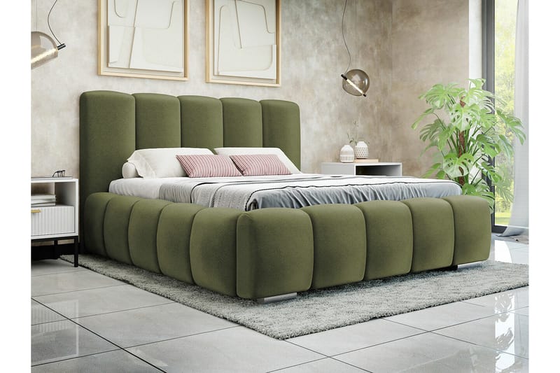 Cleaton Sengeramme 140x200 cm i Stof med Opbevaring og Sengegavl - Grøn - Møbler - Senge - Sengeramme & sengestel
