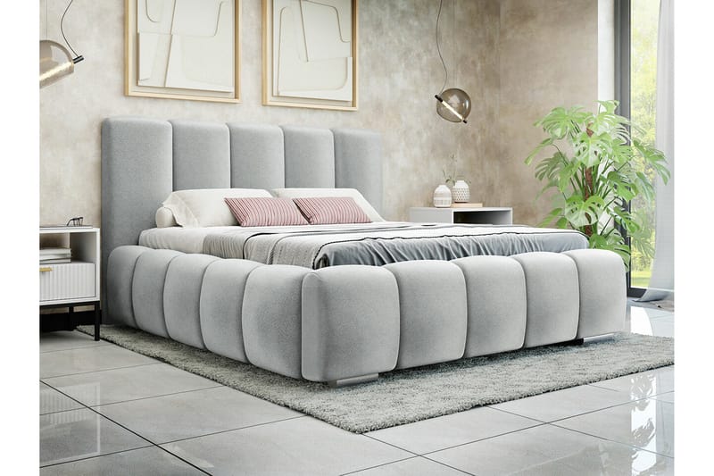Cleaton Sengeramme 160x200 cm i Stof med Opbevaring og Sengegavl - Grå - Møbler - Senge - Sengeramme & sengestel