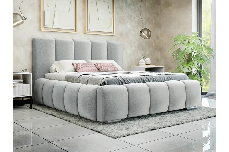 Cleaton Sengeramme 180x200 cm i Stof med Opbevaring og Sengegavl - Grå - Møbler - Senge - Sengeramme & sengestel