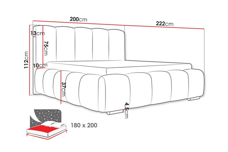 Cleaton Sengeramme 180x200 cm i Stof med Opbevaring og Sengegavl - Grå - Møbler - Senge - Sengeramme & sengestel