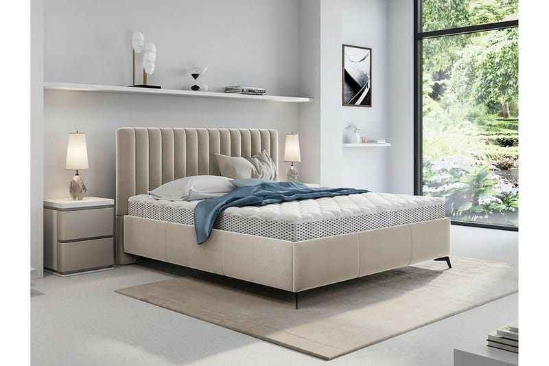Derry Sengeramme 180x200 cm i Stof med Opbevaring og Sengegavl - Beige - Møbler - Senge - Sengeramme & sengestel