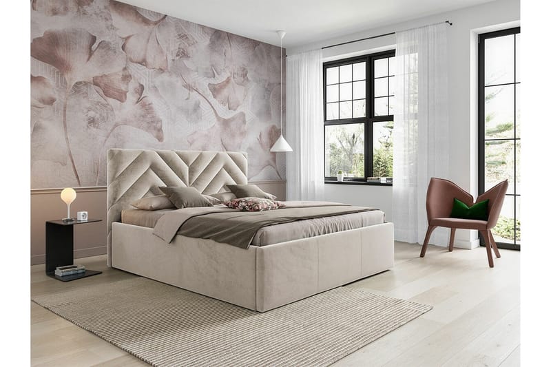 Derry Sengeramme med Opbevaring 160x200 cm i Fløjl med Sengegavl - Beige - Møbler - Senge - Sengeramme & sengestel
