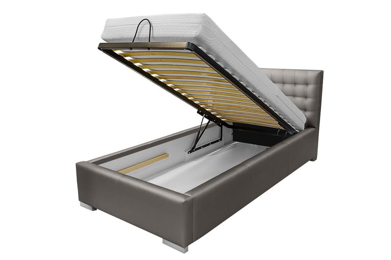 Faldet Sengepakke – Enkeltseng 90x200 cm med Opbevaring og Sengegavl + Topmadras - Taupe - Møbler - Senge - Sengeramme & sengestel