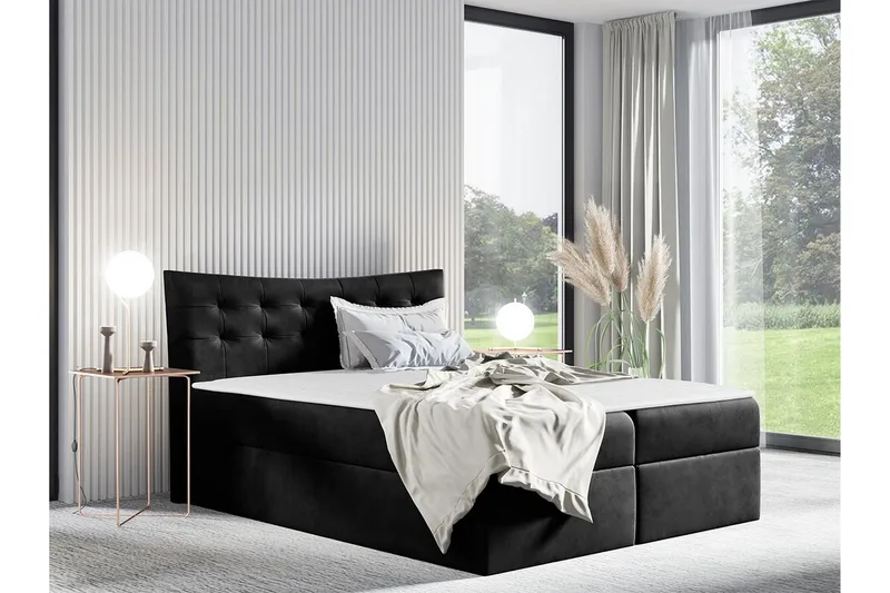 Hayton Sengepakke 140x200 cm i Fløjl med Opbevaring + Sengegavl + Topmadras - Sort - Møbler - Senge - Sengeramme & sengestel