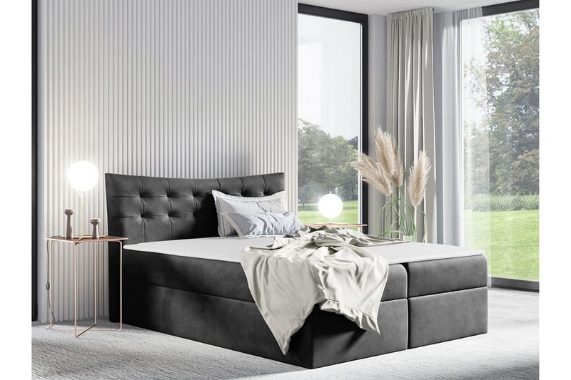 Hayton Sengepakke med Opbevaring 160x200 cm i Stof med Sengegavl + Topmadras - Grå - Møbler - Senge - Sengeramme & sengestel