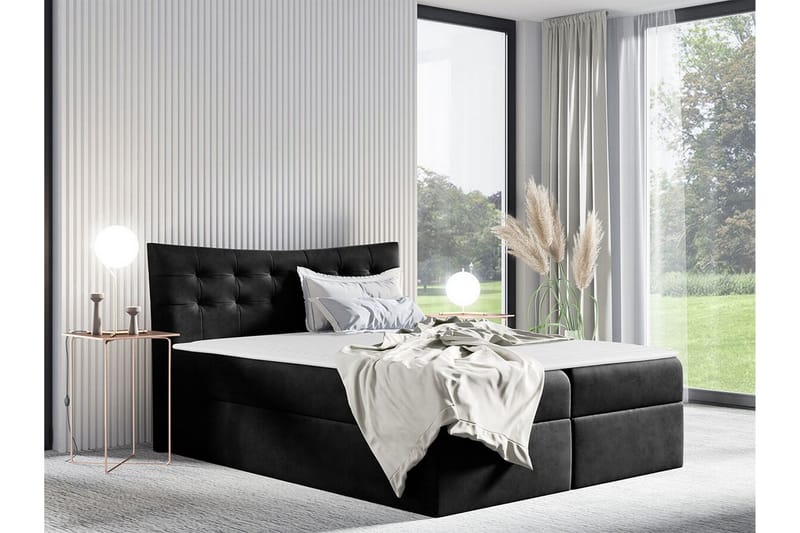 Hayton Sengepakke med Opbevaring 160x200 cm i Stof med Sengegavl + Topmadras - Sort - Møbler - Senge - Sengeramme & sengestel