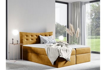 Hayton Sengepakke med Opbevaring 180x200 cm i Stof med Sengegavl + Topmadras - Gul - Møbler - Senge - Sengeramme & sengestel