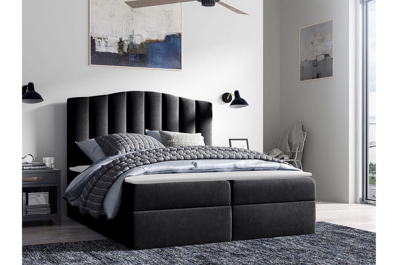 Herstello Sengepakke med Opbevaring 120x200 cm i Fløjl med Sengegavl + Topmadras - Sort - Møbler - Senge - Sengeramme & sengestel