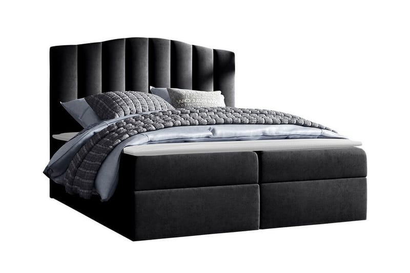Herstello Sengepakke med Opbevaring 120x200 cm i Fløjl med Sengegavl + Topmadras, Sort