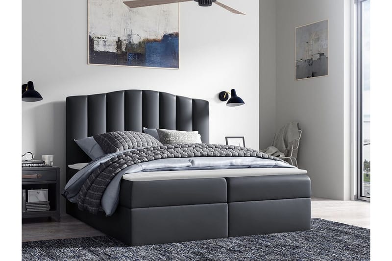 Herstello Sengepakke med Opbevaring 120x200 cm i Kunstlæder med Sengegavl + Topmadras - Sort - Møbler - Senge - Sengeramme & sengestel