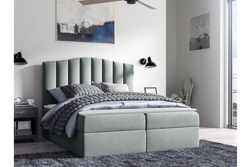 Herstello Sengeramme med Opbevaring 160x200 cm i Stof med Sengegavl - Grå - Møbler - Senge - Sengeramme & sengestel