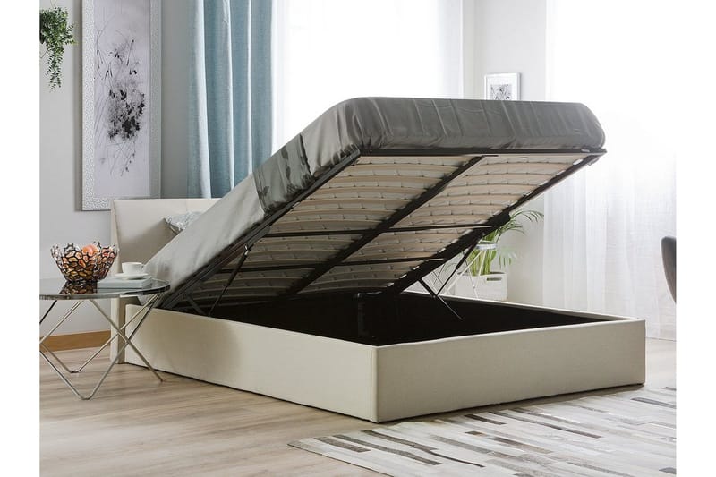 Orbey Sengeramme med Opbevaring 160x200 cm i Stof med Sengegavl - Beige - Møbler - Senge - Sengeramme & sengestel