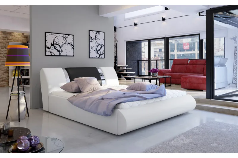 Perow Sengepakke 180x200 cm i Læder med Sengegavl + Topmadras, Hvid|Sort