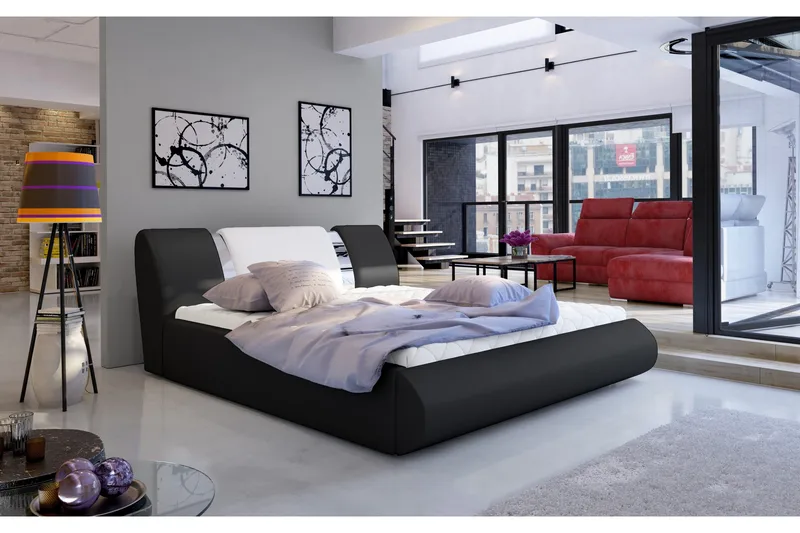 Perow Sengepakke 180x200 cm i Læder med Sengegavl + Topmadras, Sort|Hvid