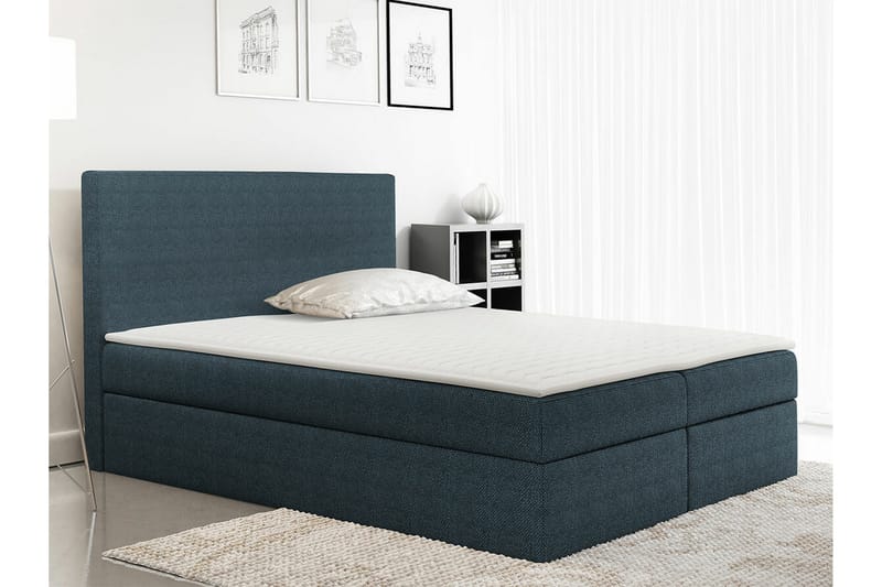 Pries Sengepakke med Opbevaring 180x200 cm i Stof med Sengegavl + Topmadras - Petrolblå - Møbler - Senge - Sengeramme & sengestel