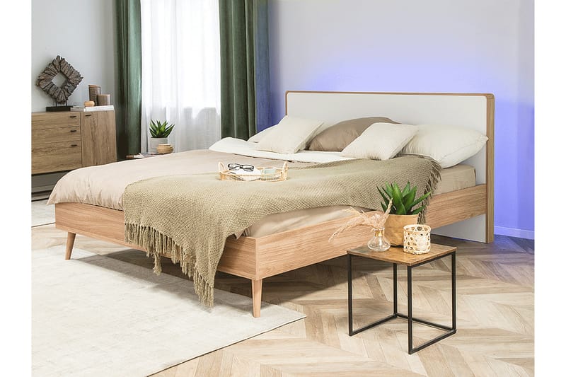 Purb kontinental seng med LED 140x200 - Træ / natur - Sengeramme & sengestel