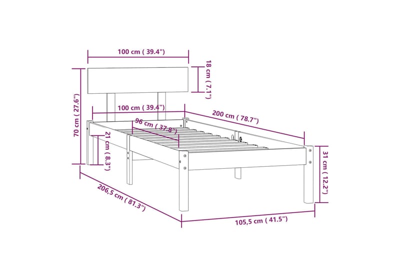 sengeramme 100x200 cm massivt fyrretræ - Brun - Møbler - Senge - Sengeramme & sengestel