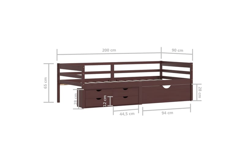 sengestel med skuffer 90x200 cm fyrretræ mørkebrun - Brun - Sengeramme & sengestel