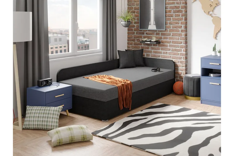 Unona Sengeramme 90x200 cm i Stof med Opbevaring + Madras - Grå|Sort - Møbler - Senge - Sengeramme & sengestel