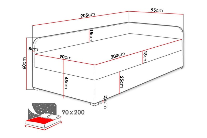 Unona Sengeramme 90x200 cm i Stof med Opbevaring + Madras - Mellemgrå - Møbler - Senge - Sengeramme & sengestel