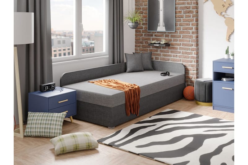 Unona Sengeramme 90x200 cm i Stof med Opbevaring + Sengegavl - Grå - Møbler - Senge - Sengeramme & sengestel
