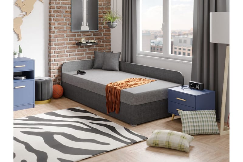 Unona Sengeramme 90x200 cm i Stof med Opbevaring + Sengegavl - Grå - Møbler - Senge - Sengeramme & sengestel