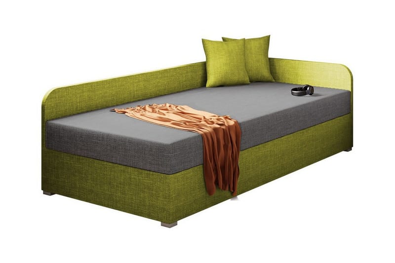 Unona Sengeramme 90x200 cm i Stof med Opbevaring + Sengegavl, Grøn