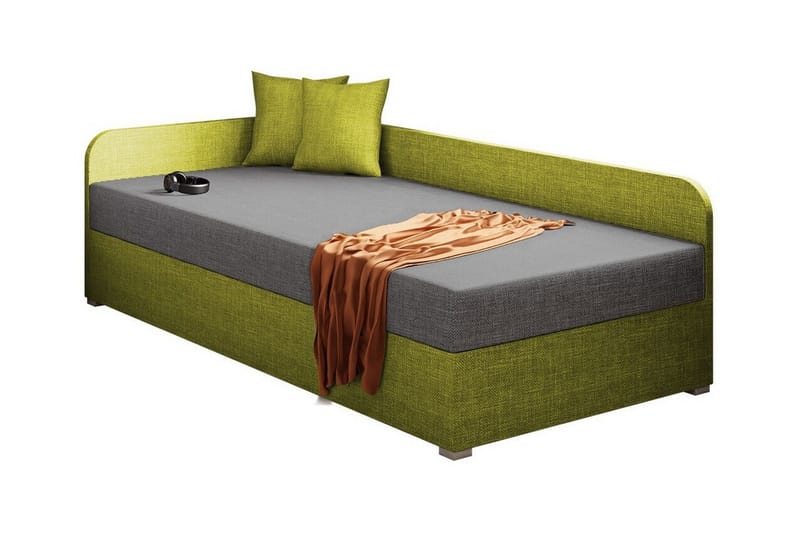 Unona Sengeramme 90x200 cm i Stof med Opbevaring + Sengegavl + Madras, Grøn