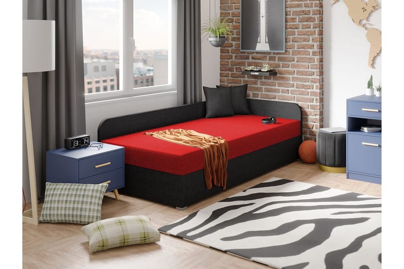 Unona Sengeramme 90x200 cm i Stof med Opbevaring + Sengegavl + Madras - Sort - Møbler - Senge - Sengeramme & sengestel
