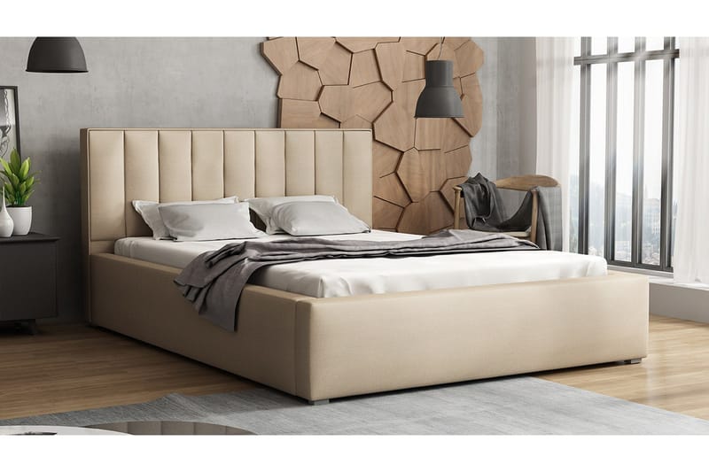 Valasco Sengeramme med Opbevaring 120x200 cm i Stof med Sengegavl - Beige - Møbler - Senge - Sengeramme & sengestel