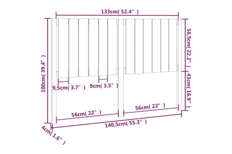 beBasic sengegærde 140,5x4x100 cm massivt fyrretræ hvid - Hvid - Møbler - Senge - Sengetilbehør & sengegavl - Sengegavle