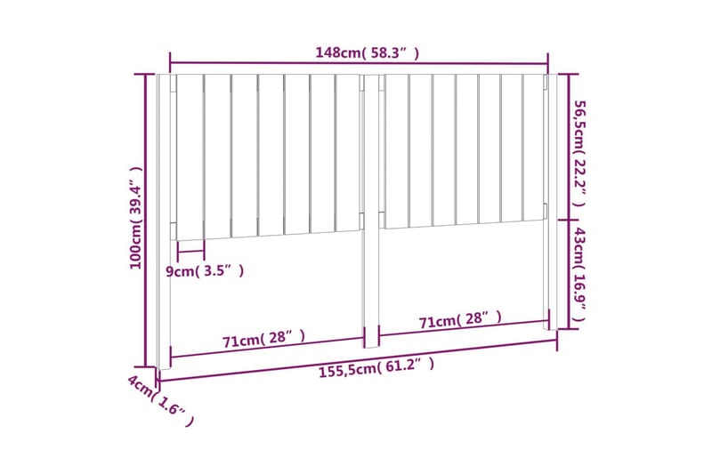 beBasic sengegærde 155,5x4x100 cm massivt fyrretræ grå - GrÃ¥ - Møbler - Senge - Sengetilbehør & sengegavl - Sengegavle