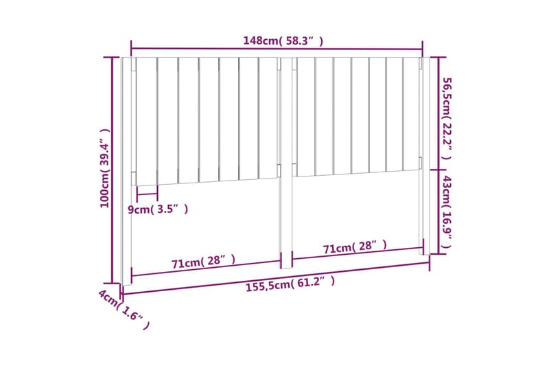 beBasic sengegærde 155,5x4x100 cm massivt fyrretræ grå - GrÃ¥ - Sengegavle