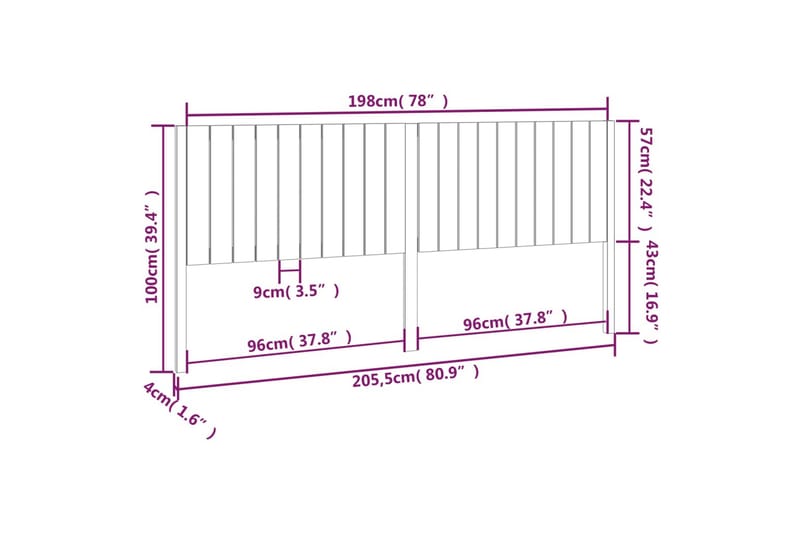 beBasic sengegærde 205,5x4x100 cm massivt fyrretræ hvid - Hvid - Møbler - Senge - Sengetilbehør & sengegavl - Sengegavle