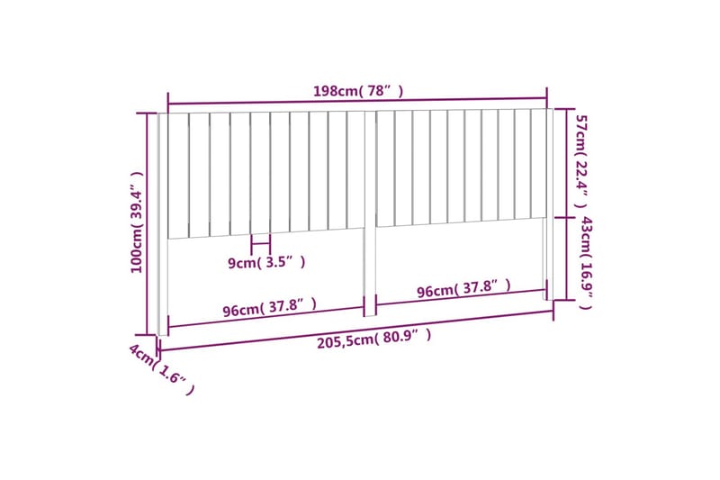 beBasic sengegærde 205,5x4x100 cm massivt fyrretræ hvid - Hvid - Sengegavle