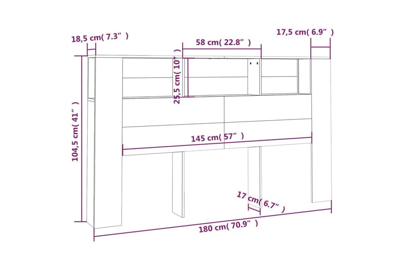 beBasic sengegavl med opbevaring 180x18,5x104,5 cm røget egetræsfarve - Brun - Sengegavle