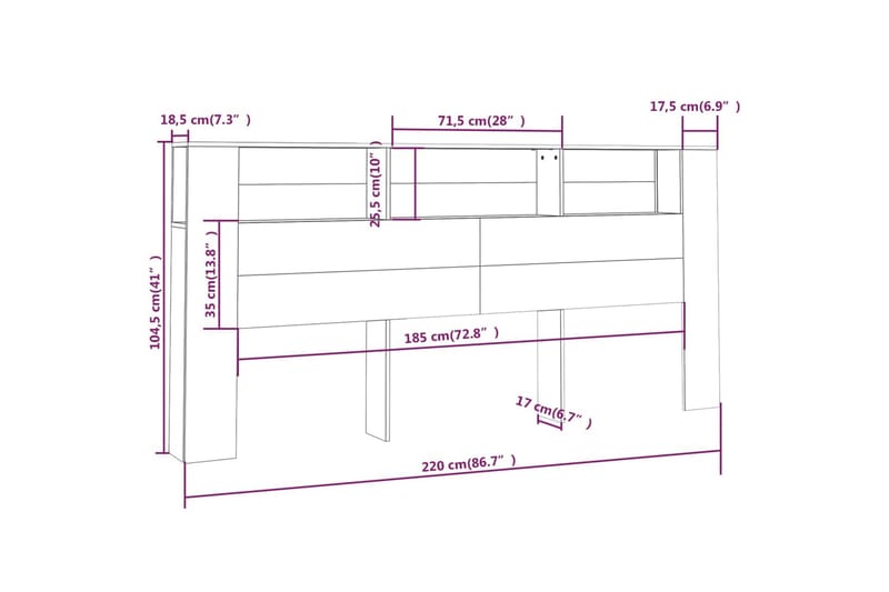 beBasic sengegavl med opbevaring 220x18,5x104,5 cm hvid højglans - Hvid - Sengegavle