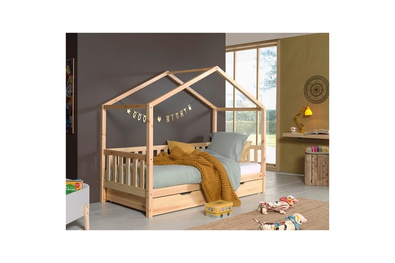 Husseng med skuffe Dallas 90x200 cm Naturlig, Med hegn - Naturlig, Med hegn - Møbler - Senge - Sengetilbehør & sengegavl - Opbevaring til senge