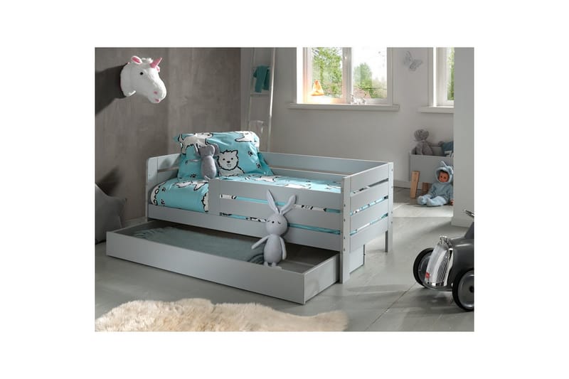 Juniorseng med rækværk og skuffe Peuterseng Grå - Grå - Møbler - Senge - Sengetilbehør & sengegavl - Opbevaring til senge
