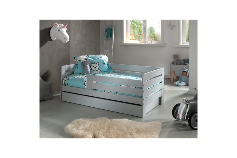 Juniorseng med rækværk og skuffe Peuterseng Grå - Grå - Møbler - Senge - Sengetilbehør & sengegavl - Opbevaring til senge