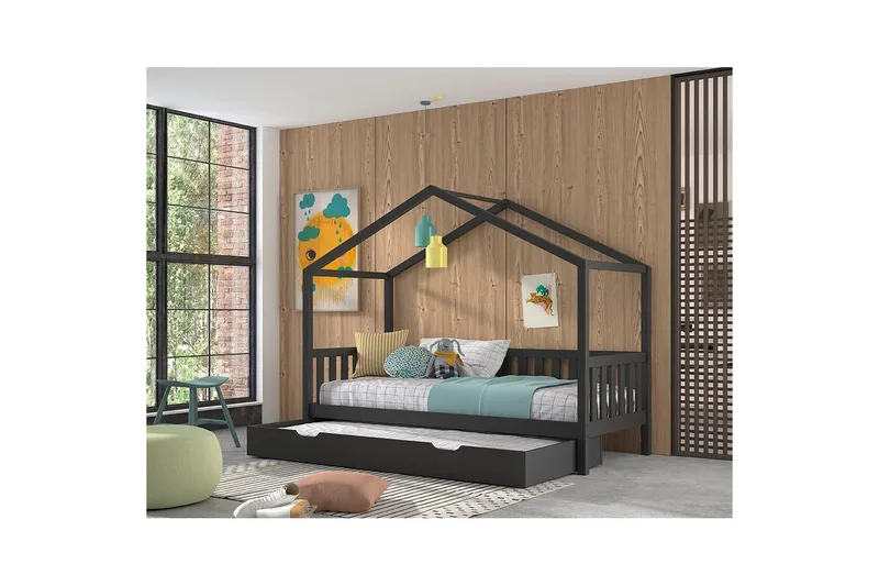 Seng med skuffe og hegn Dallas 90x200 cm Antracit - Antracit - Møbler - Senge - Sengetilbehør & sengegavl - Opbevaring til senge