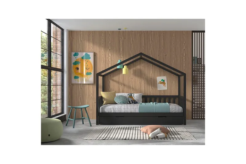 Seng med skuffe og hegn Dallas 90x200 cm Antracit - Antracit - Møbler - Senge - Sengetilbehør & sengegavl - Opbevaring til senge